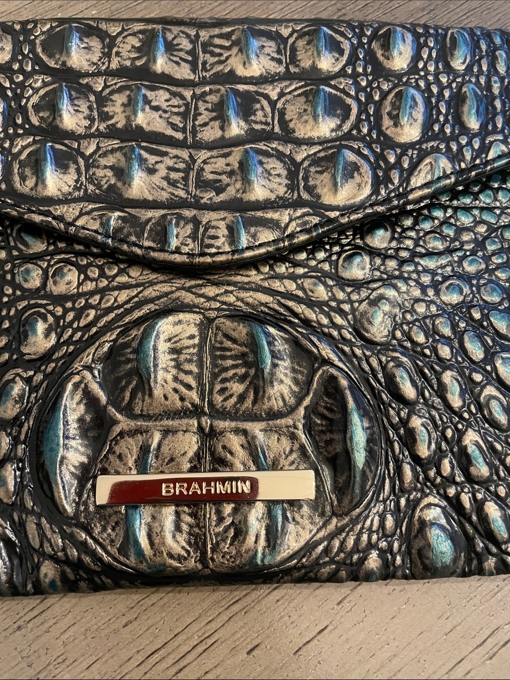 Brahmin Metallic Teal and Black Croc-Embossed Envelope Clutch - Picture 2 of 4
